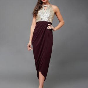 Miss Chase Women's Halter Neck Sleeveless Solid Embellished Midi Dress with Pocket
